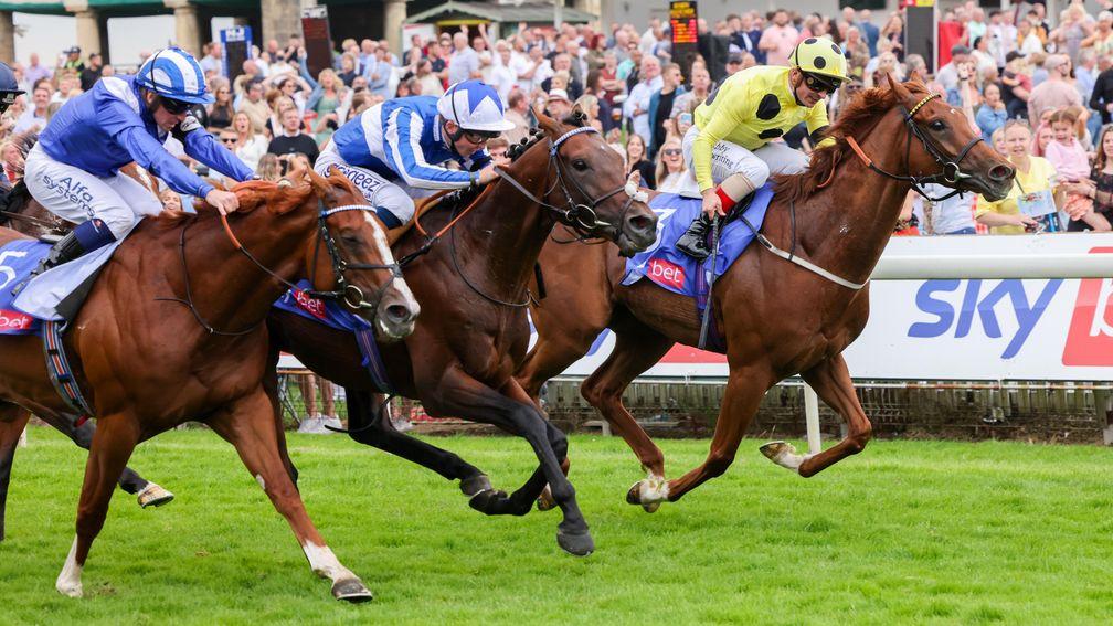 Bangkok (centre) holds off Juan Elcano and Mohaafeth to win the Sky Bet York Stakes