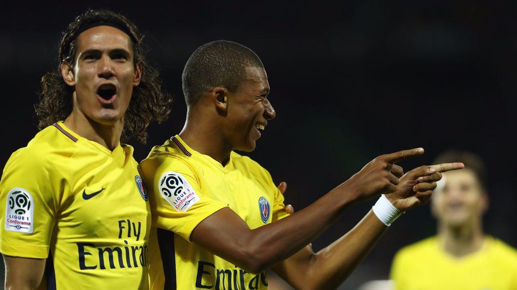Edinson Cavani and Kylian Mbappe enjoy a Paris Saint-Germain goal