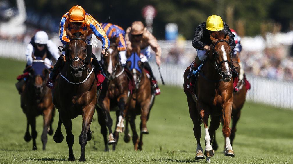 Stradivarius (yellow hat): beating Torcedor to land the Goodwood Cup
