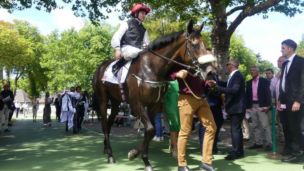 Shane Foley and Trevaunance return to the Deauville winner's enclosure after the Prix de Psyche