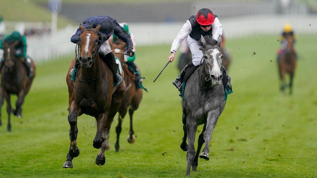 CHESTER, ENGLAND - MAY 04: Ryan Moore riding Thoughts Of June (R, grey horse) win The Weatherbys Bloodstock Pro Cheshire Oaks at Chester Racecourse on May 04, 2022 in Chester, England. (Photo by Alan Crowhurst/Getty Images)