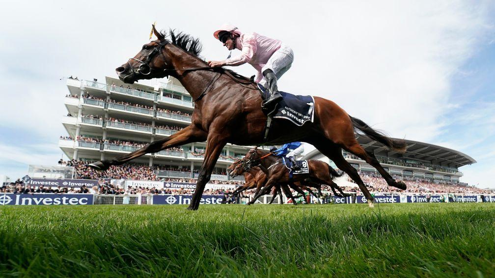 EPSOM, ENGLAND - JUNE 01: Seamie Heffernan riding Anthony Van Dyck (R, pink) win The Investec Derby Stakes at Epsom Racecourse on June 01, 2019 in Epsom, England. (Photo by Alan Crowhurst/Getty Images)