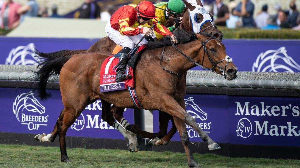 Iridessa (red) lands the Breeders' Cup Filly & Mare Turf