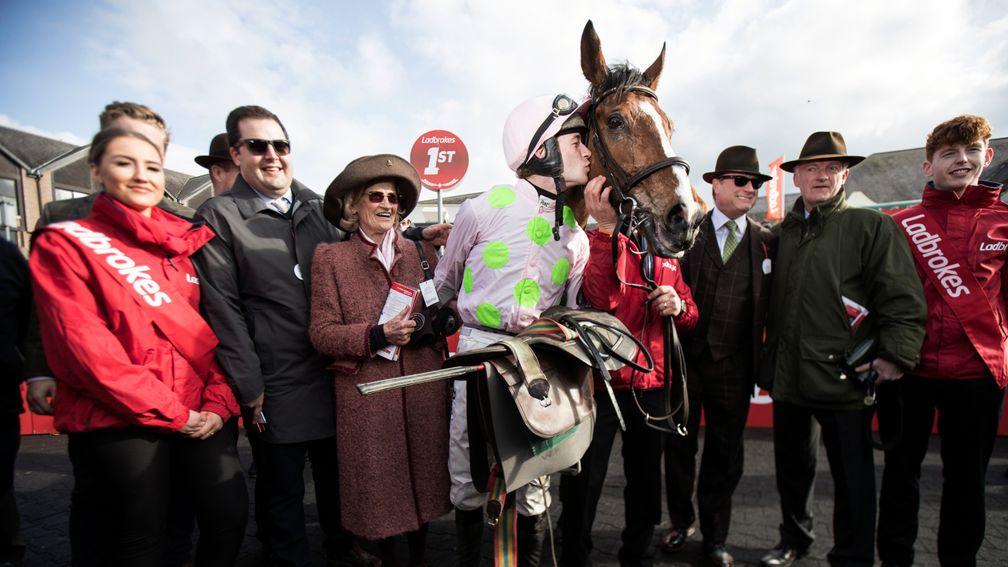 Pride and joy: connections of Faugheen pose for the cameras after his Stayers' Hurdle victory