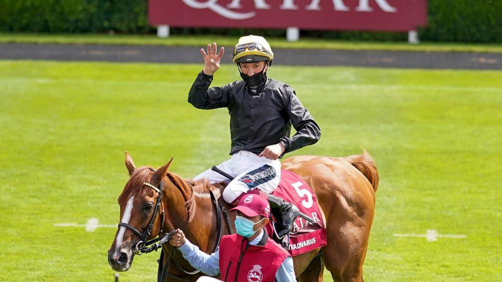Frankie Dettori celebrates on Stradivarius after the pair won a fourth successive Goodwood Cup last year