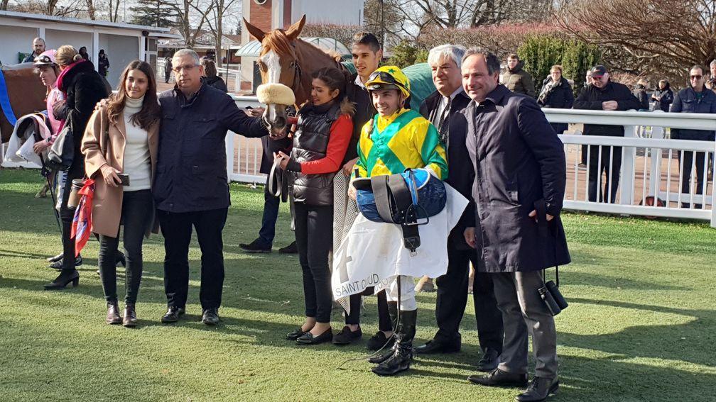 Phoceene, Maxime Guyon and Fredereric Rosse (right of picture) after the Prix Rose de Mai at Saint-Cloud on Sunday
