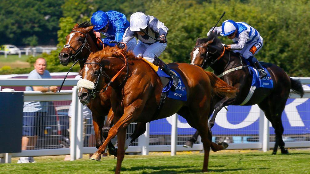 Barney Roy and James Doyle (blue colours) bear down on Ulysses in the thrilling finish to Saturday's Eclipse at Sandown