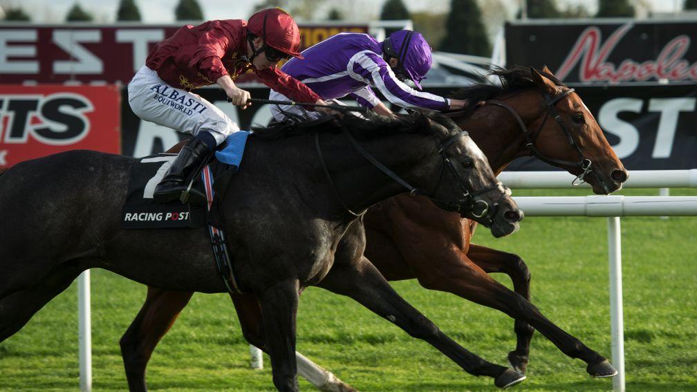 Historic win: Saxon Warrior (far side), ridden by Ryan Moore, battles back to defeat Roaring Lion in the Racing Post Trophy, providing Aidan O’Brien with a record 26th top-level victory this year