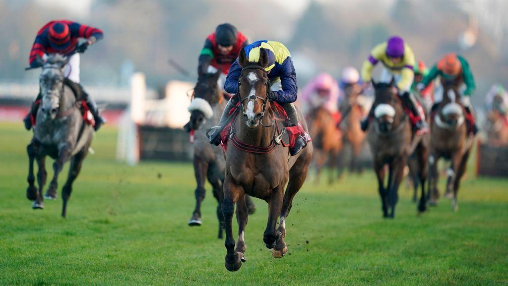 SUNBURY, ENGLAND - JANUARY 09: Ben Jones riding Boreham Bill clear the last to win The Ladbrokes Lanzarote Handicap Hurdle at Kempton Park Racecourse on January 09, 2021 in Sunbury, England. Due to the Coronavirus pandemic, owners along with the paying pu