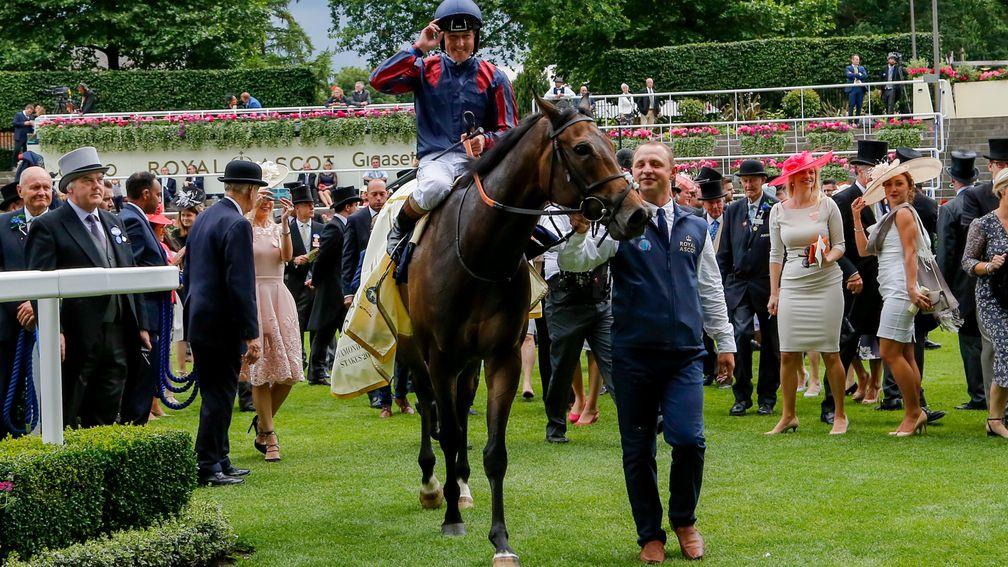 The Tin Man and Tom Queally are led in by groom Oleg Sheyhets after winning the Diamond Jubilee Stakes