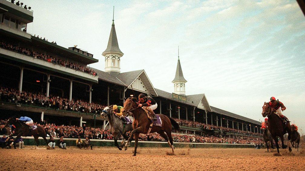 Awesome Again (centre) wins the 1998 Breeders' Cup Classic from Silver Charm and Swain at Churchill Downs