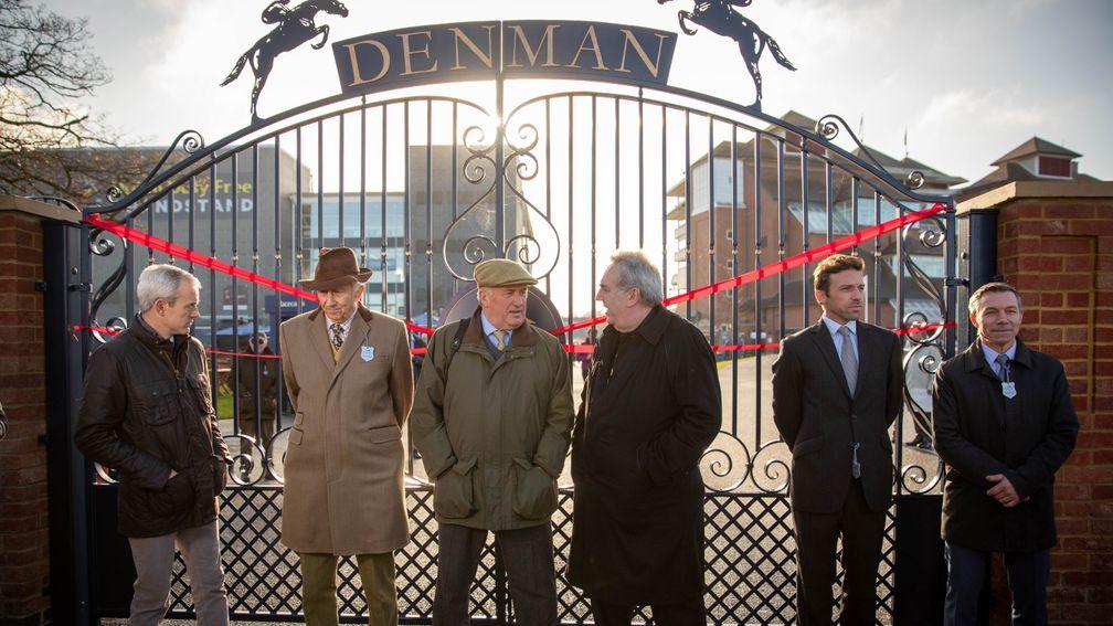 Ruby Walsh, Paul Barber, Paul Nicholls and Harry Findlay, with creators Charlie Langton and Guy Clarkson, at the official opening of Newbury's Denman gates