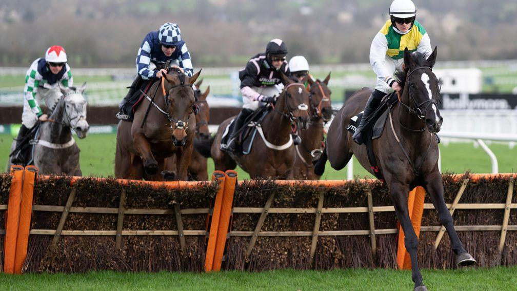 Hillcrest (Richard Patrick)leads on the first circuit of the Ballymore Novices' HurdleCheltenham 1.1.22 Pic: Edward Whitaker