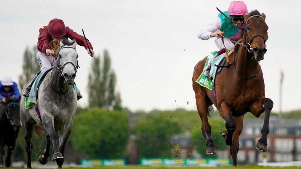 ESHER, ENGLAND - APRIL 22: Rob Hornby riding Westover (pink cap) win Thebet365 Classic Trial at Sandown Park on April 22, 2022 in Esher, England. (Photo by Alan Crowhurst/Getty Images)