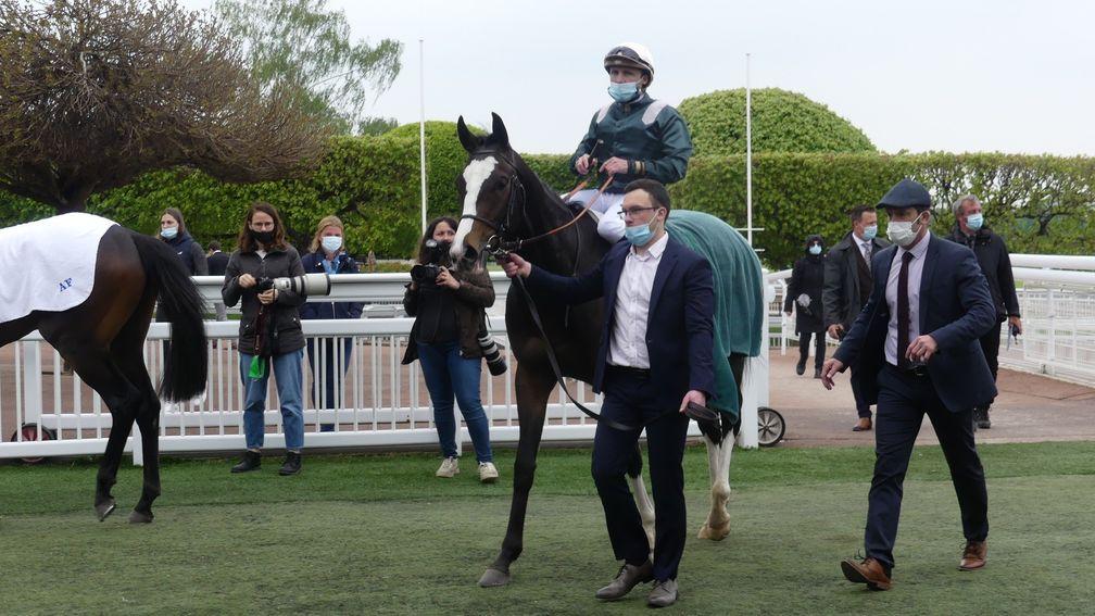 Baby Rider and Stephane Pasquier after winning the Group 2 Prix Greffulhe at Saint-Cloud