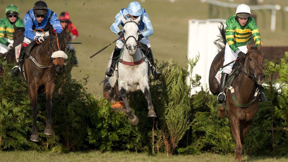 A New Story and Adrian Heskin (left) jump the last upsides Lacdoudal and L'Ami in the 2010 Cross Country Chase at the Cheltenham Festival.