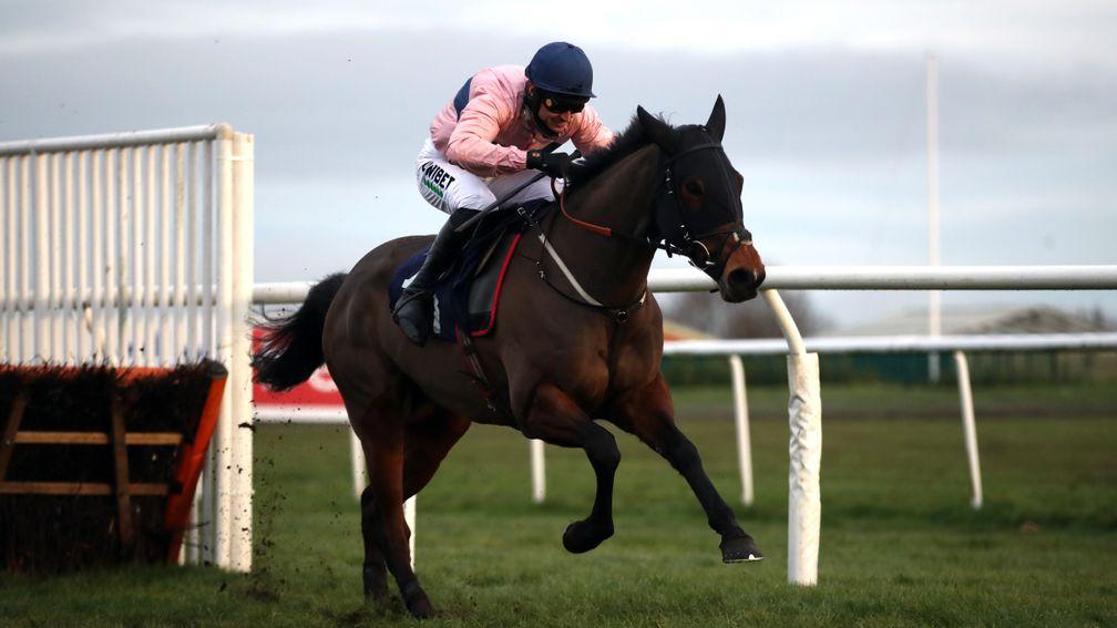 DONCASTER, ENGLAND - JANUARY 11: Lily Of Leysbourne ridden by Paddy Brennan on their way to winning the Sky Bet Best Odds Guaranteed Mares' Handicap Hurdle  on January 11, 2021 in Doncaster, England. (Photo by Tim Goode - Pool / Getty Images)