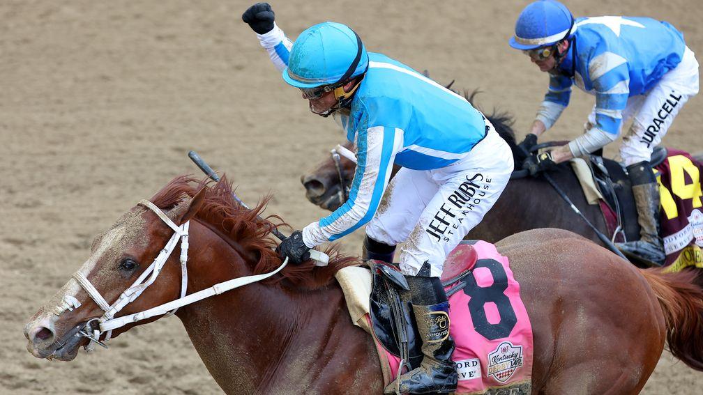 Javier Castellano celebrates after winning the Kentucky Derby on Mage