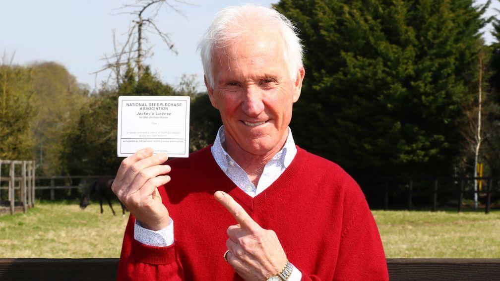 Charlie Mann poses with the riding licence he used for the Velka Pardubicka