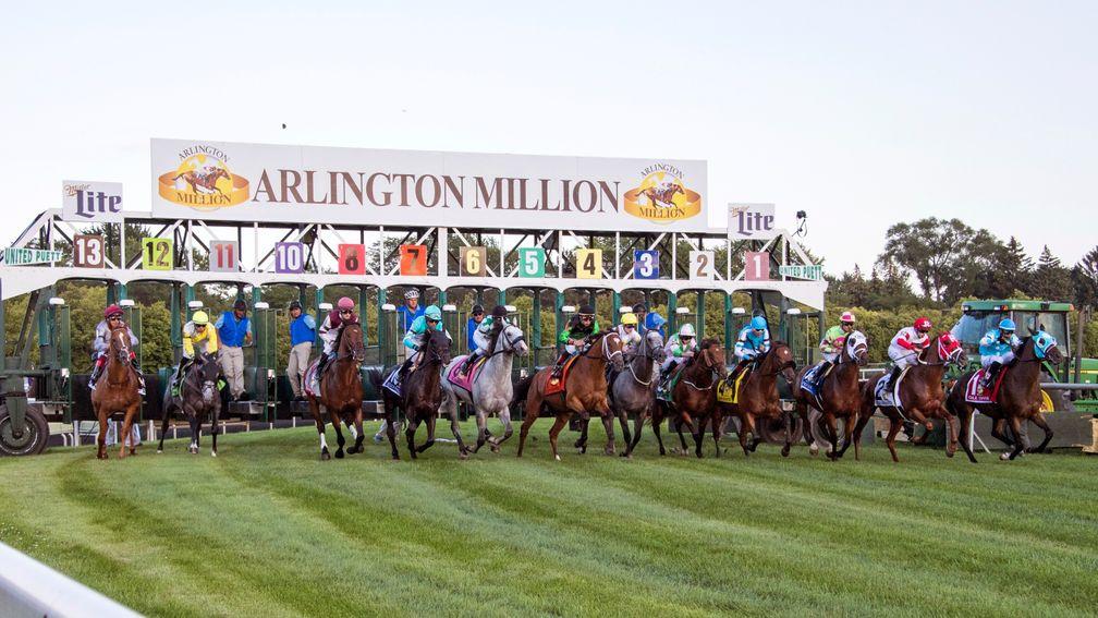 Chicago's signature race: the field exits the starting gate for last year's Arlington Million, won by Beach Patrol (drawn ten, turquoise silks)
