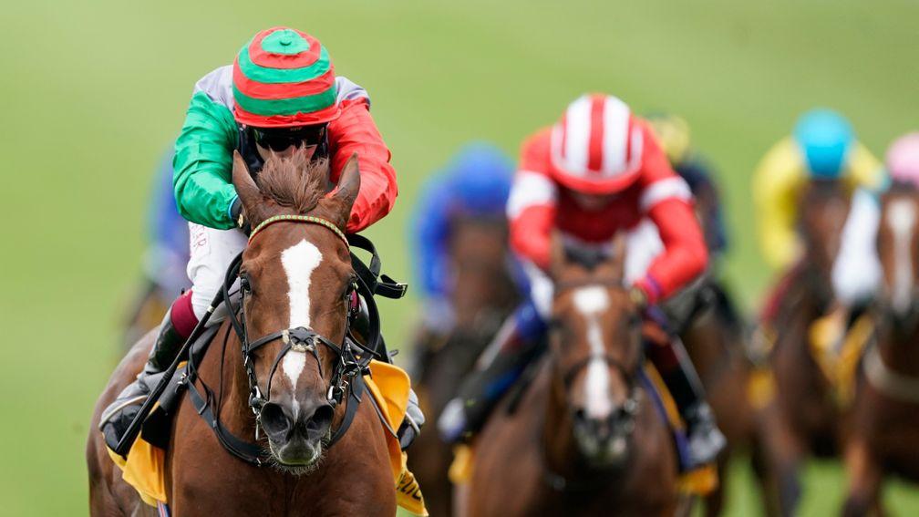 NEWMARKET, ENGLAND - JUNE 07: Oisin Murphy riding Run Wild easily win The Betfair EBF Pretty Polly Fillies' Stakes at Newmarket Racecourse on June 07, 2020 in Newmarket, England. (Photo by Alan Crowhurst/Getty Images)