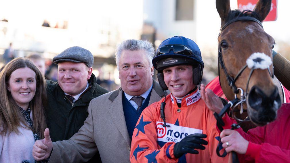 Paul Nicholls gives the thumbs up after Bravemansgame and Harry Cobden's victory in the King George VI Chase
