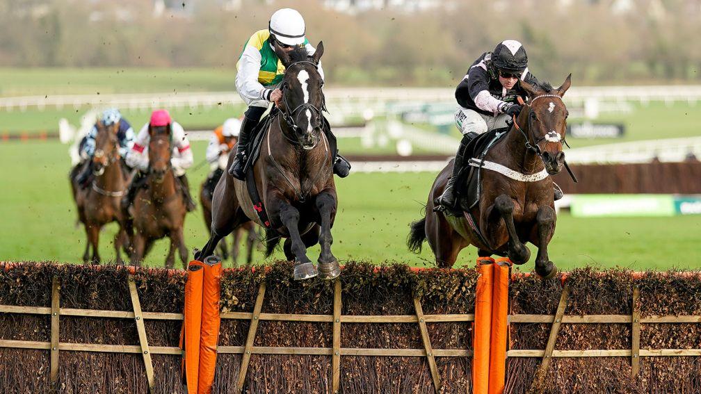 CHELTENHAM, ENGLAND - JANUARY 01: Richard Patrick riding Hillcrest (L) clear the last to win The Ballymore Novices' Hurdle from Nico de Boinville and I Am Maximus (R) at Cheltenham Racecourse on January 01, 2022 in Cheltenham, England. (Photo by Alan Crow