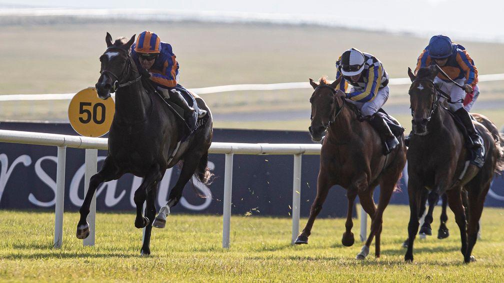 So Wonderful (blue cap) finished third in the Irish 1,000 Guineas behind stablemate Peaceful (left)