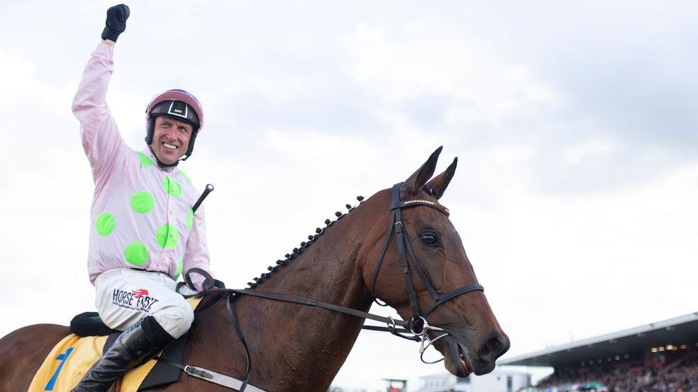 Robbie Power celebrates Grade 1 Ryanair Novice Chase victory at Punchestown on Chacun Pour Soi