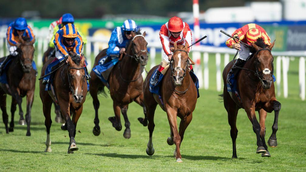 Santiago (second left) finishes fourth in last year's St Leger