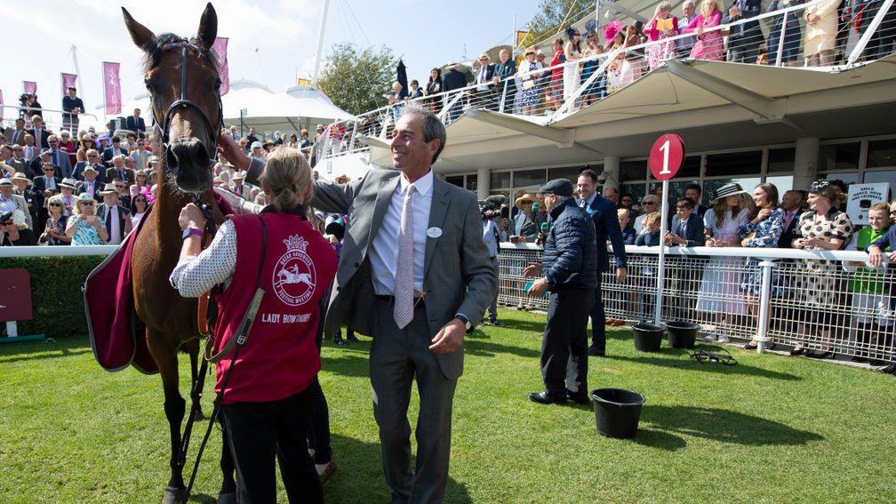 William Jarvis greets Lady Bowthorpe after her victory in the Nassau Stakes