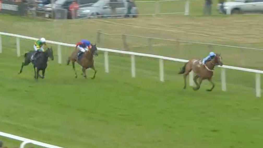 Powell loses his balance and heads towards the turf on the leader who looked sure to win