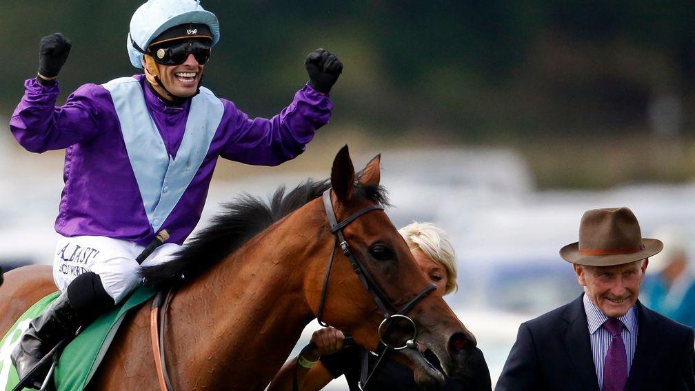 Silvestre de Sousa is overjoyed after Arabian Queen's Juddmonte International triumph, but the disgruntled trainer is nowhere to be seen