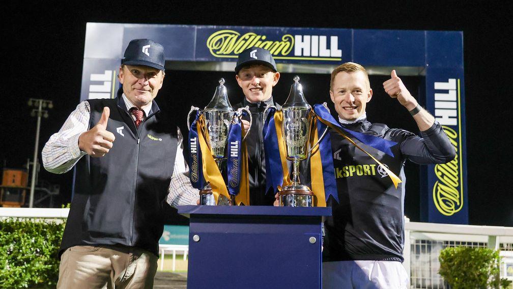 Thumbs up for the 2021 Racing League winners Rupert Bell (team talkSPORT manager left) and leading jockey Jack Mitchell (right)