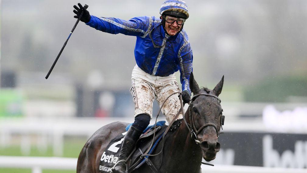 Paul Townend celebrates after winning the Champion Chase with Energumene