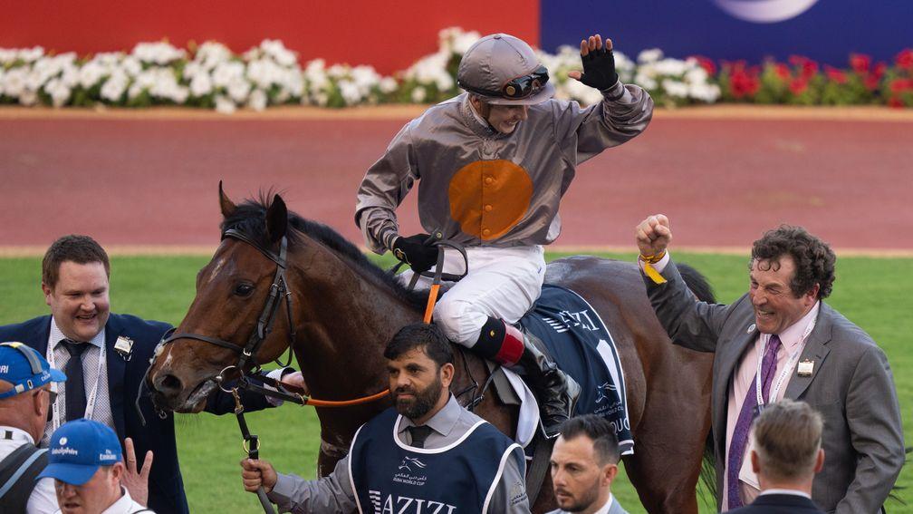 A Case Of You and trainer Ado McGuinness after winning the Al Quoz Sprint at Meydan