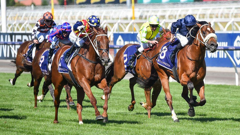 Home Affairs (navy blue silks): beat Nature Strip (left) in the Black Caviar Lightning Stakes