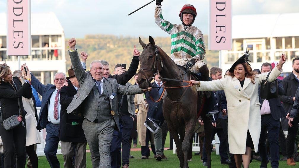 Better Days Ahead is led into the winner's enclosure at Cheltenham after success in the Martin Pipe