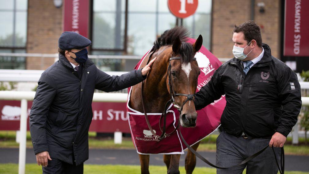 Aidan OâBrien pats Magical as winning groom Liam OâBrien looks on after her victory in the Alwasmiyah Pretty Polly Stakes (Group 1).The Curragh Racecourse.Photo: Patrick McCann/Racing Post 28.06.2020