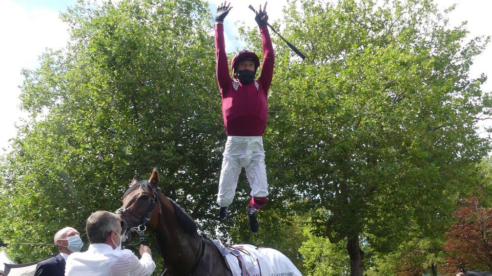 Half the job is done: Frankie Dettori celebrates success on Mishriff in the Prix Guillaume d'Ornano at Deauville, a ride which means he will have to serve quarantine on his return to the UK