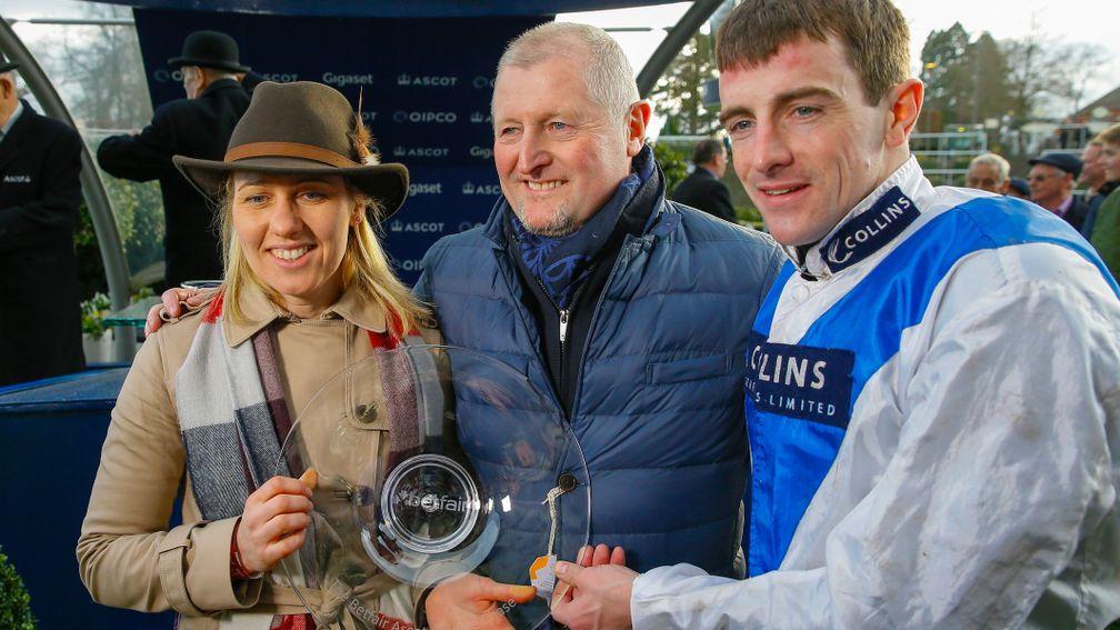 Trainer Ruth Jefferson, Owner Richard Collins and Brian Hughes hold the trophy after  Waiting Patiently winsThe Betfair Ascot Chase (Grade 1) (Class 1) Ascot 16/02/2018©cranhamphoto.com