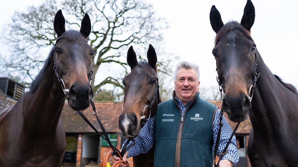 Paul Nicholls with his King George VI Chase runners from left: Clan Des Obeaux, Frodon and Saint Calvados at Manor Farm StablesDitcheat 14.12.21 Pic: Edward Whitaker