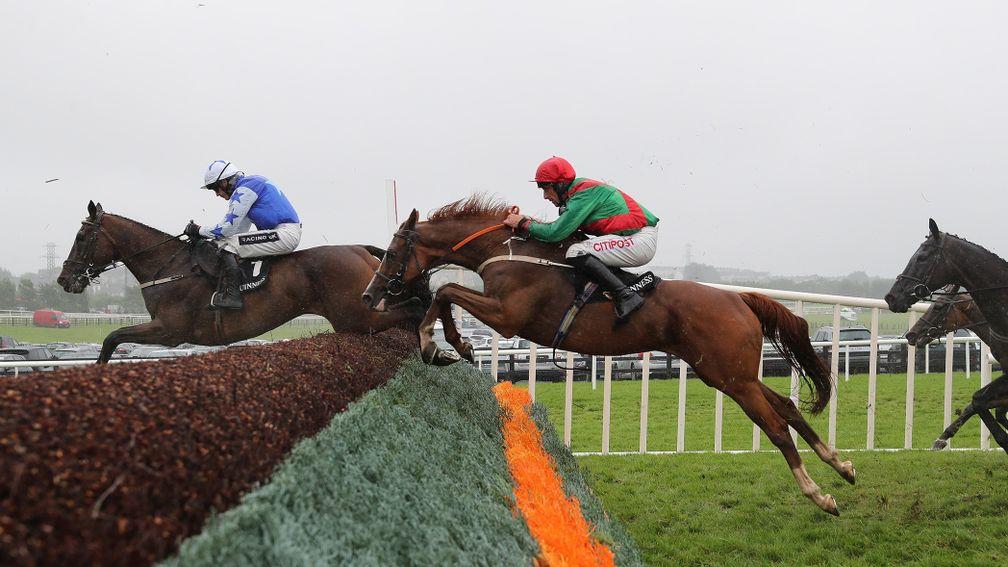 Rashaan (red cap) soars over the birch en route to victory in the Open Gate Brewery novice chase