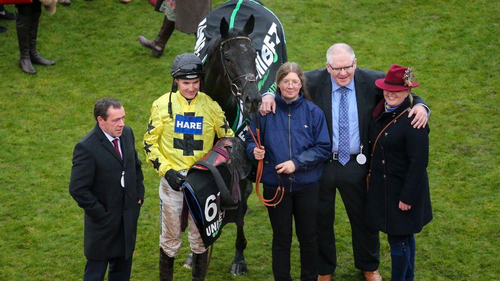 Harambe: with his delighted connections after winning the Greatwood Hurdle