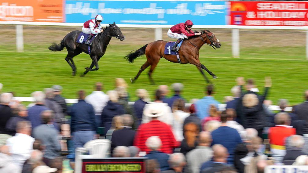YARMOUTH, ENGLAND - SEPTEMBER 15: Robert Havlin riding Ananda win The British EBF Fillies' Novice Stakes (Div 1) at Yarmouth Racecourse on September 15, 2022 in Yarmouth, England. (Photo by Alan Crowhurst/Getty Images)