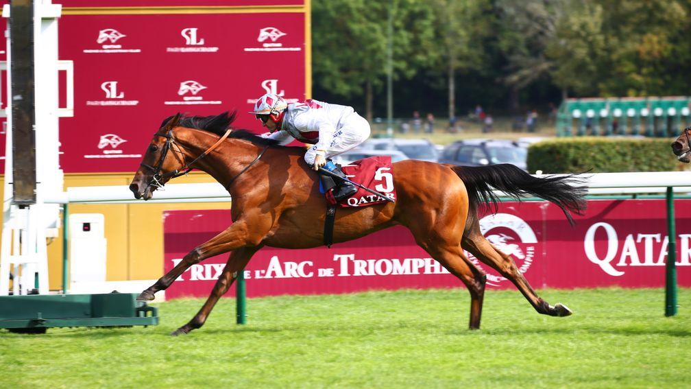 Teona and Olivier Peslier streak clear in the Qatar Prix Vermeille at Longchamp
