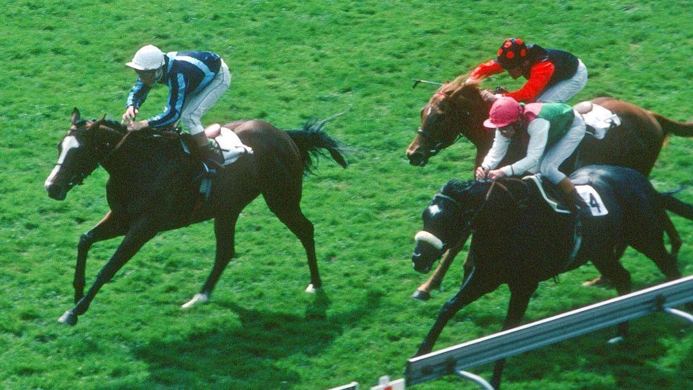 Known Fact and Willie Carson (right) give Khalid Abdullah a first Classic victory in the 1980 2,000 Guineas but only after the disqualification of Nureyev (left)