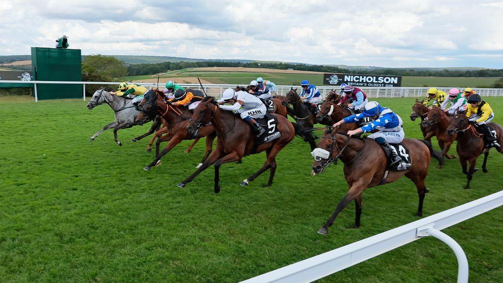 Five in a line: Lord Riddiford (left) is about to hit the front in the 5f handicap at Goodwood