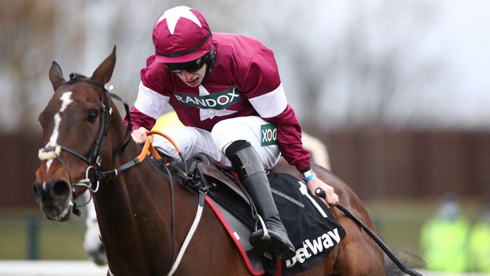 LIVERPOOL, ENGLAND - APRIL 08: Abacadabras ridden by Jack Kennedy on the way to winning the Betway Aintree Hurdle during the Liverpool NHS Day of the 2021 Randox Health Grand National Festival at Aintree Racecourse on April 8, 2021 in Liverpool, England.