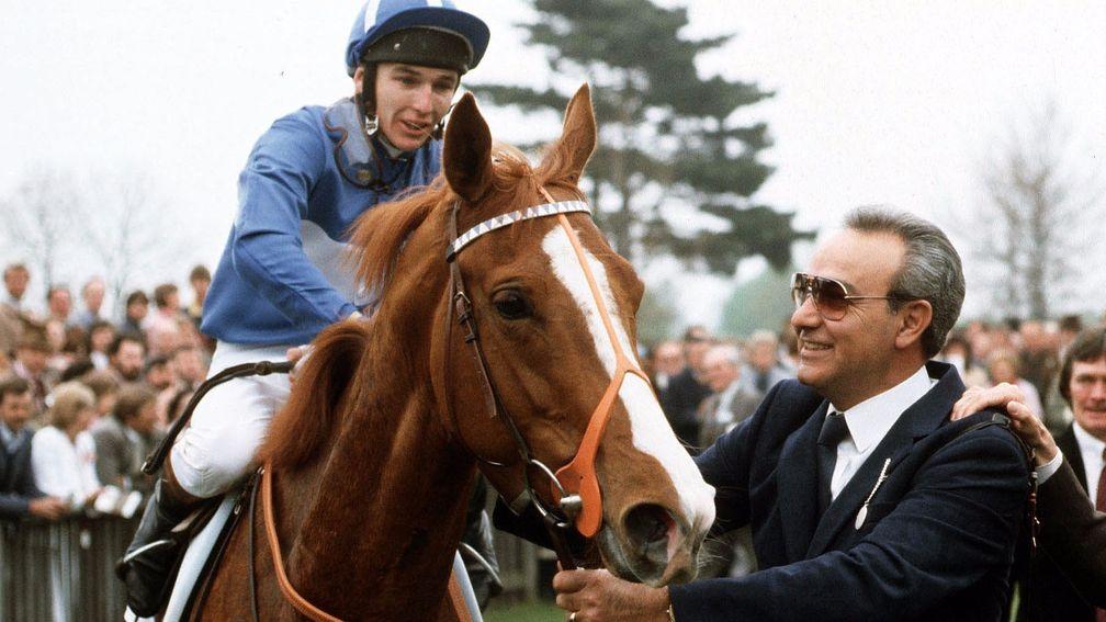 Philip Robinson with Pebbles and owner Captain Lemos after landing the 1,000 Guineas in 1984